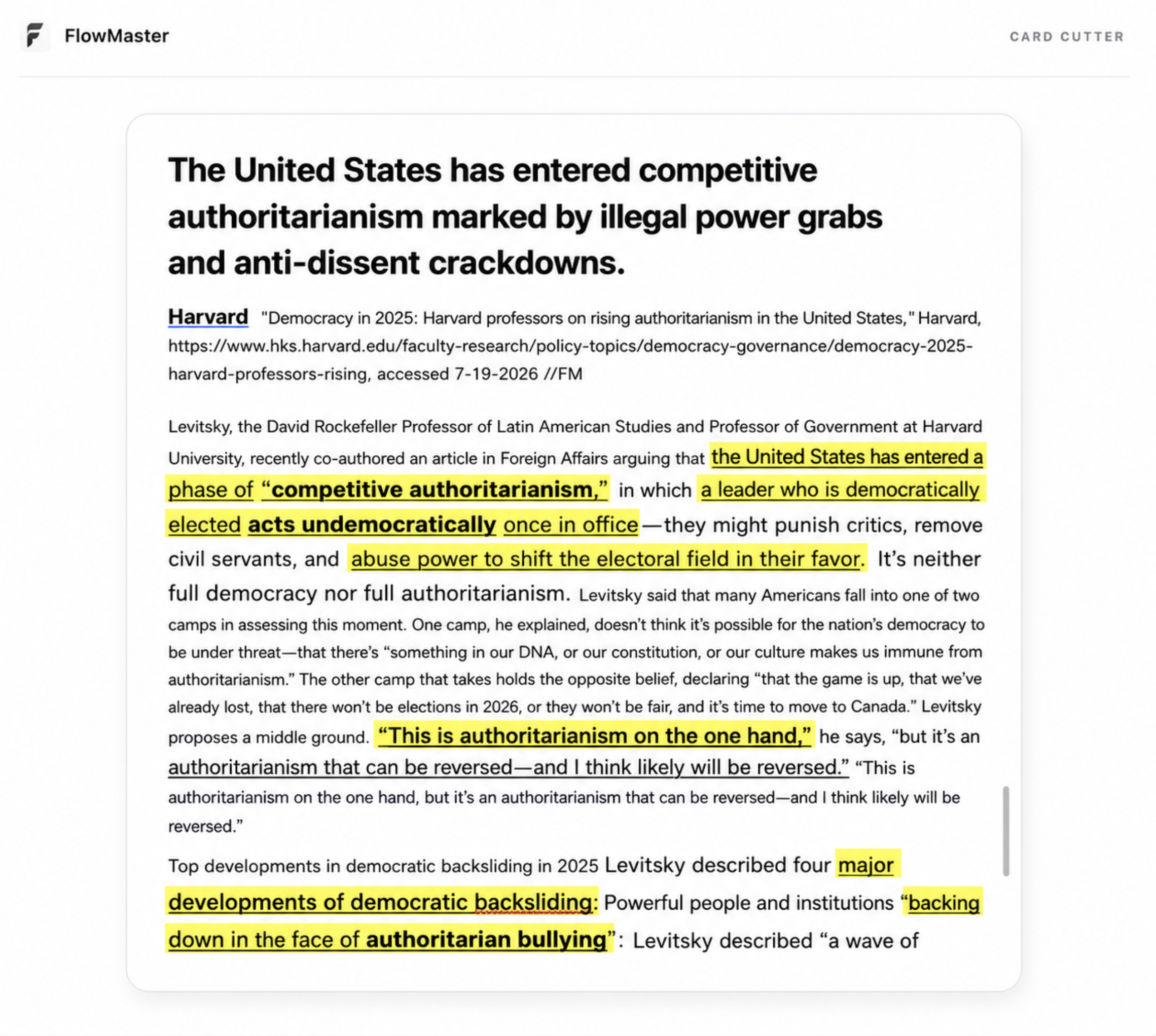 FlowMaster Card Cutter showing the Harvard authoritarianism evidence card with its citation, underlining, and yellow highlights