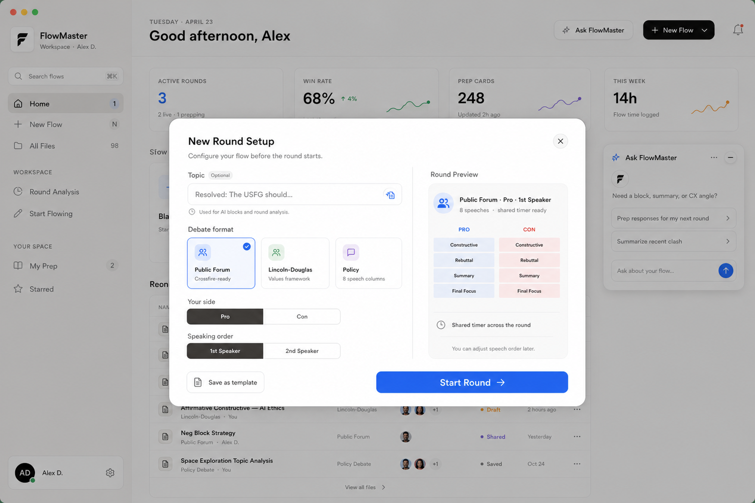 FlowMaster dashboard showing tournament stats and a new round setup.