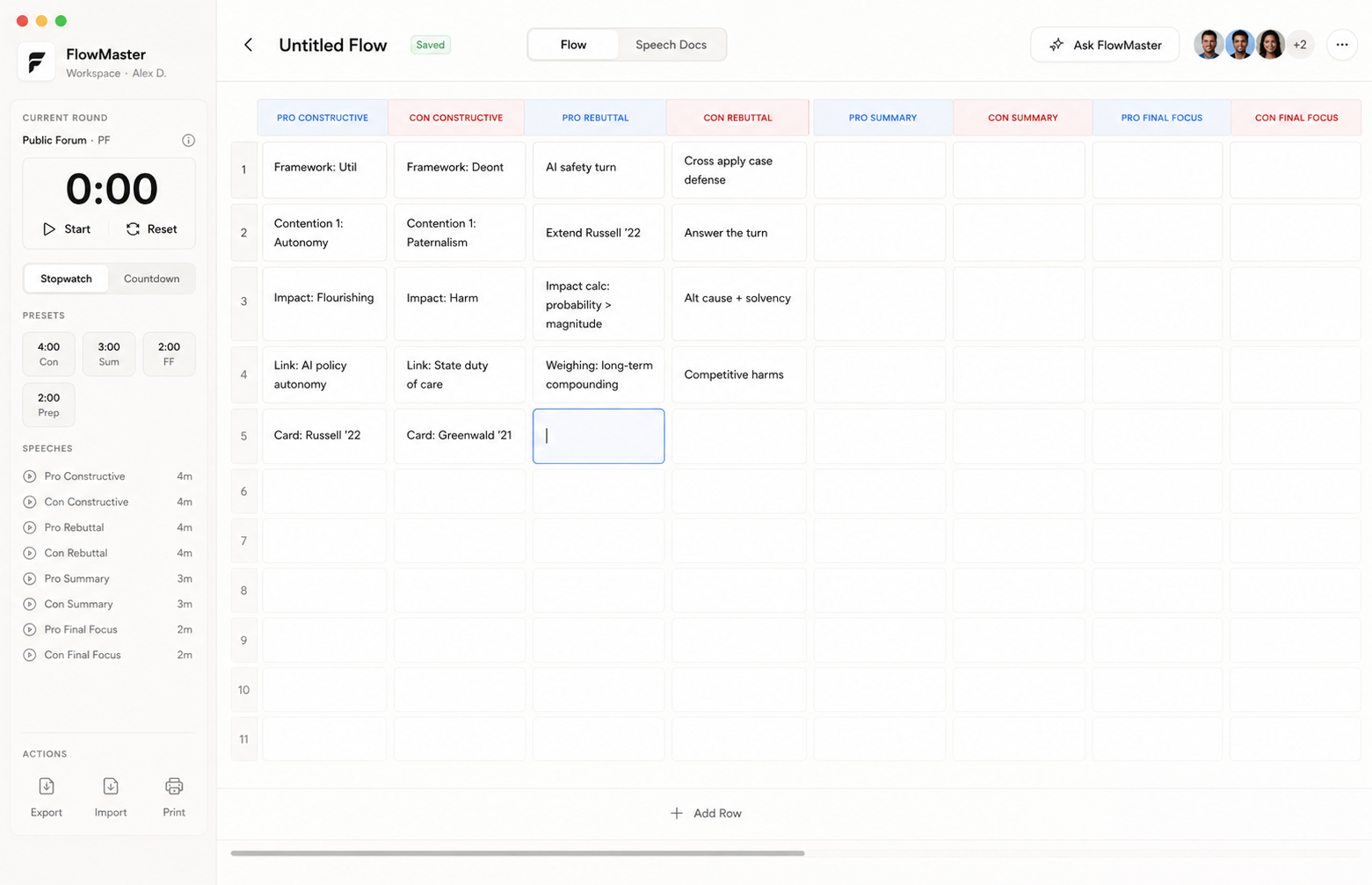 FlowMaster editor showing a Public Forum flow grid in progress.