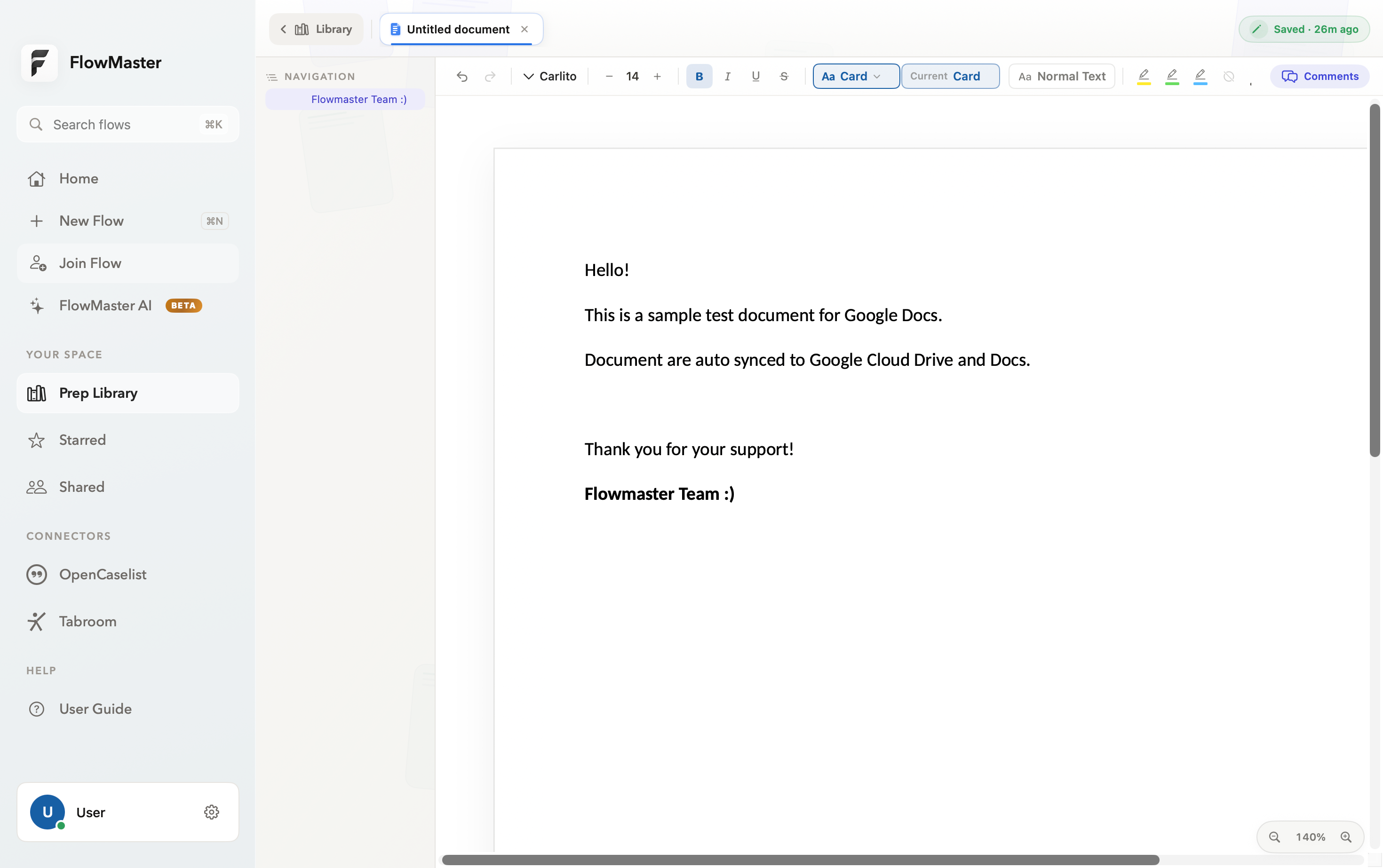 A Google Doc open inside FlowMaster