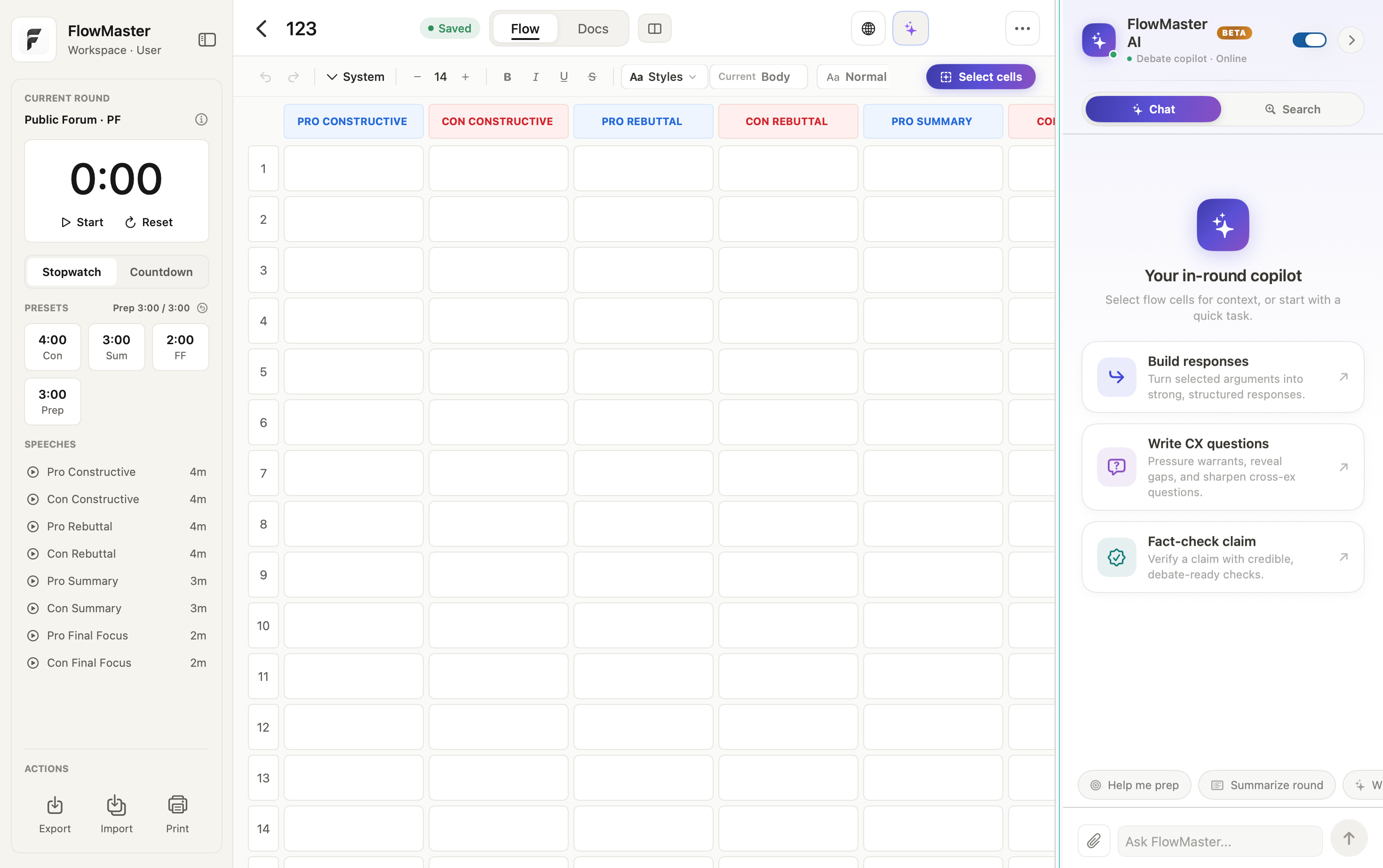 FlowMaster AI copilot docked beside a Public Forum flow