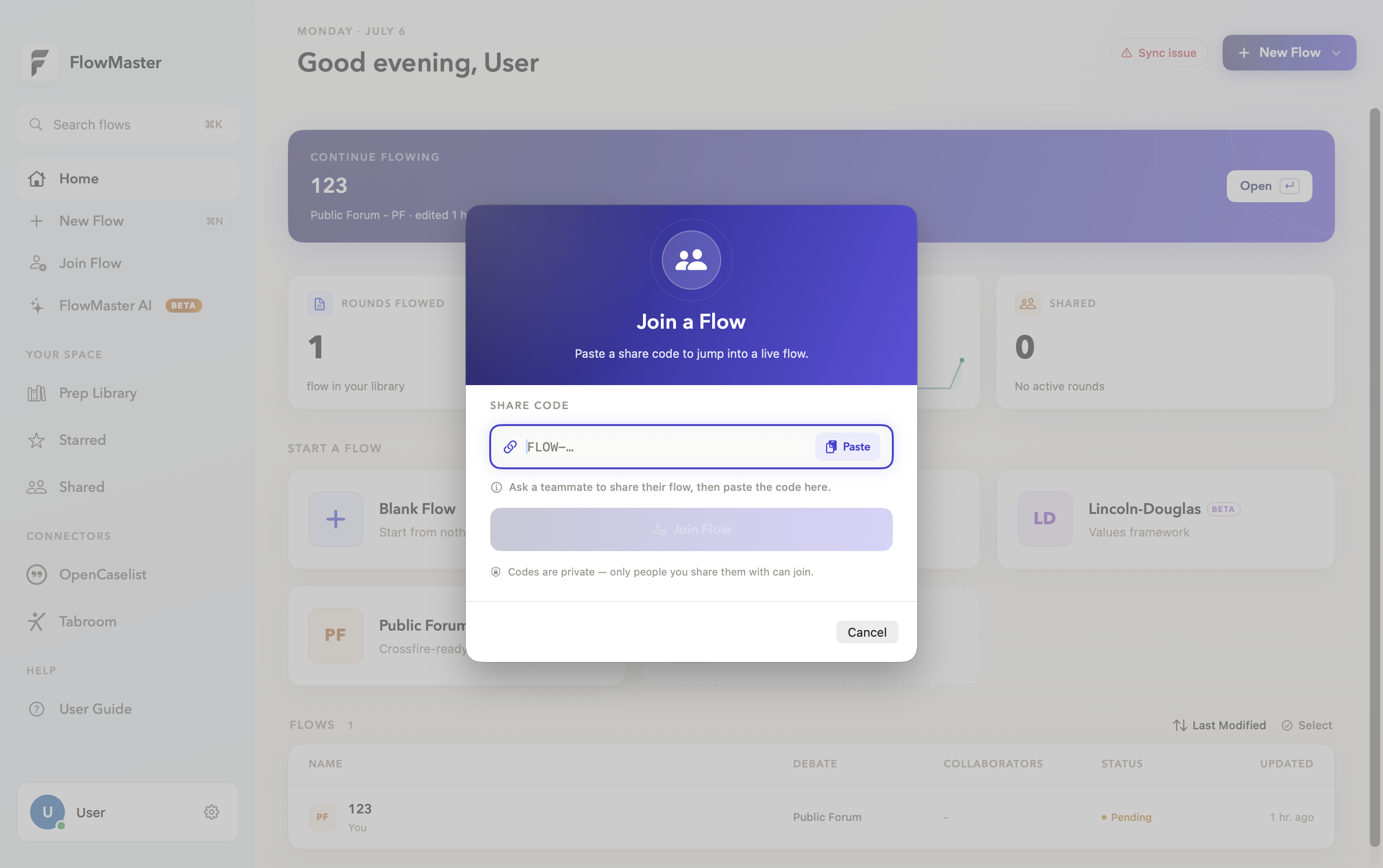 FlowMaster's Join a Flow dialog — pasting a private share code to join a live flow
